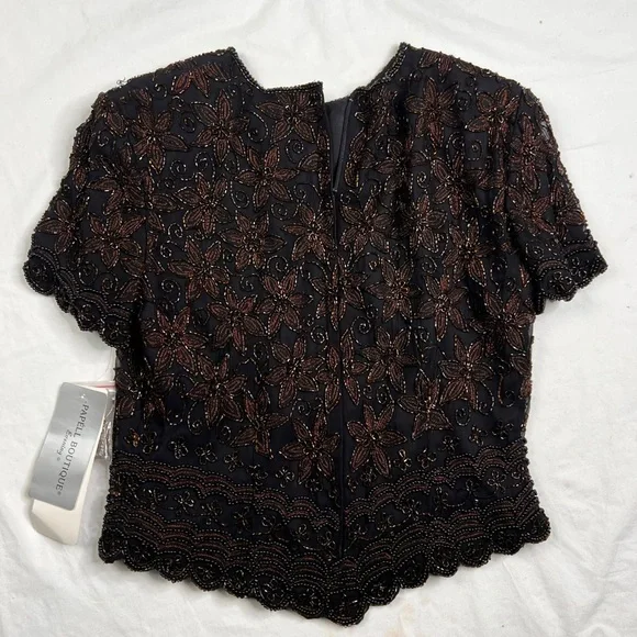 Papell Boutique NEW Womens Sz S brown Silk Beaded Evening Blouse Dressy A040423 - Picture 3 of 7